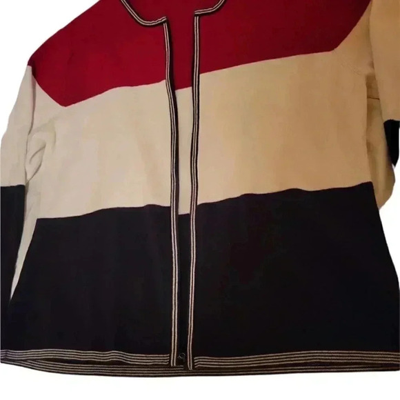 Fine  Knit Sweater Cardigan Jacket in panels of Red White and Black Med - Picture 4 of 6